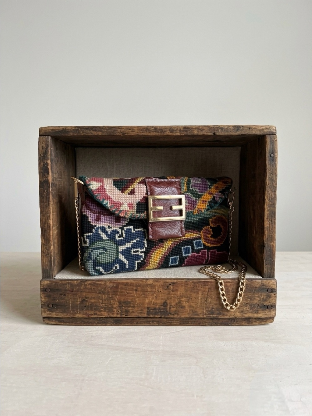 Vintage Tapestry Needlepoint Bag with Detachable Gold Chain Strap Handmade